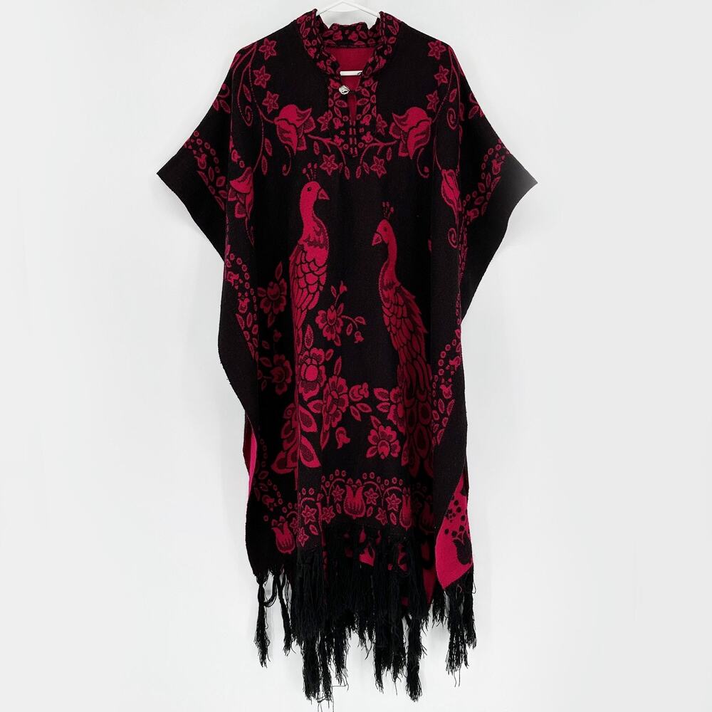 Poncho Womens One Size Black Pink Peacock Floral Fringe Boho Knit Cape Wrap